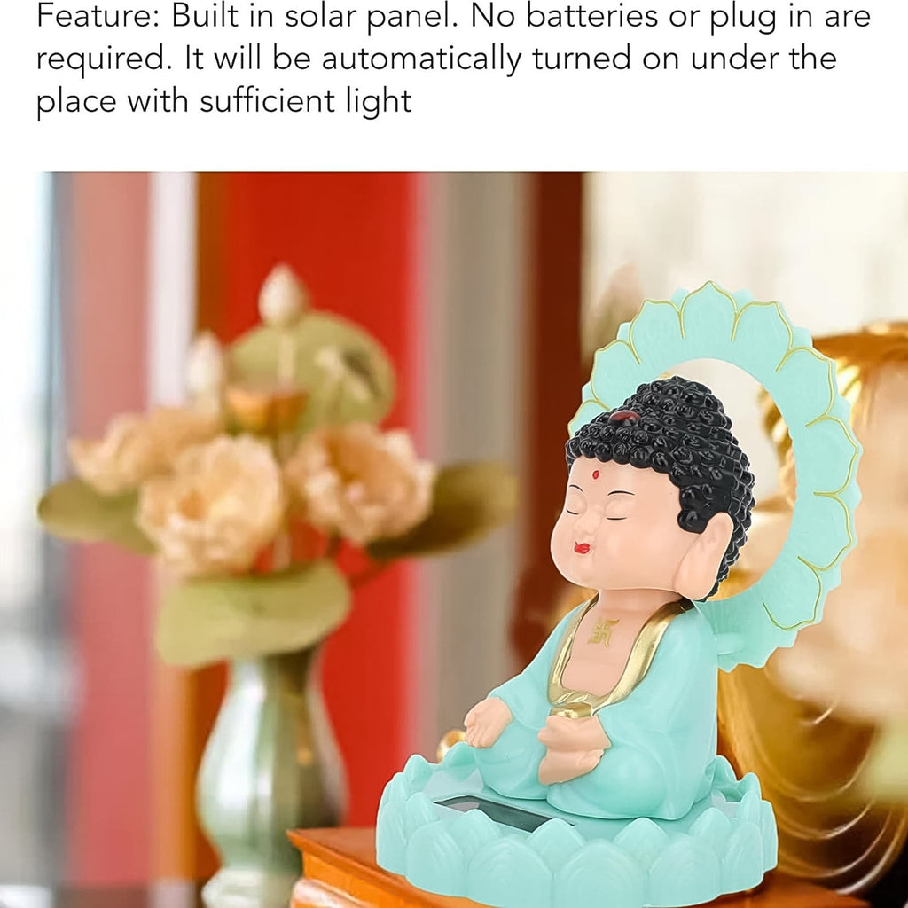 Solar Buddha statue with its head gently swaying, demonstrating its motion.