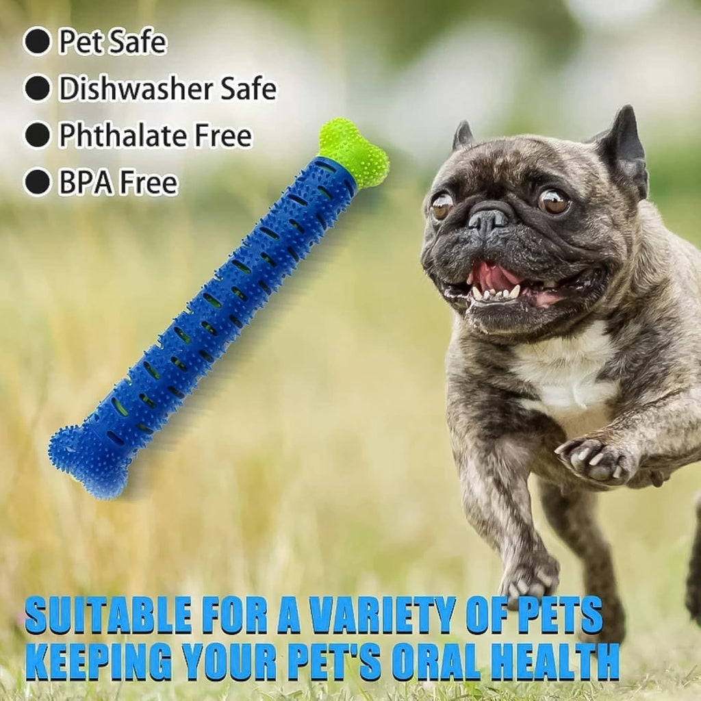 An adorable puppy using the chew toothbrush stick for daily dental care.