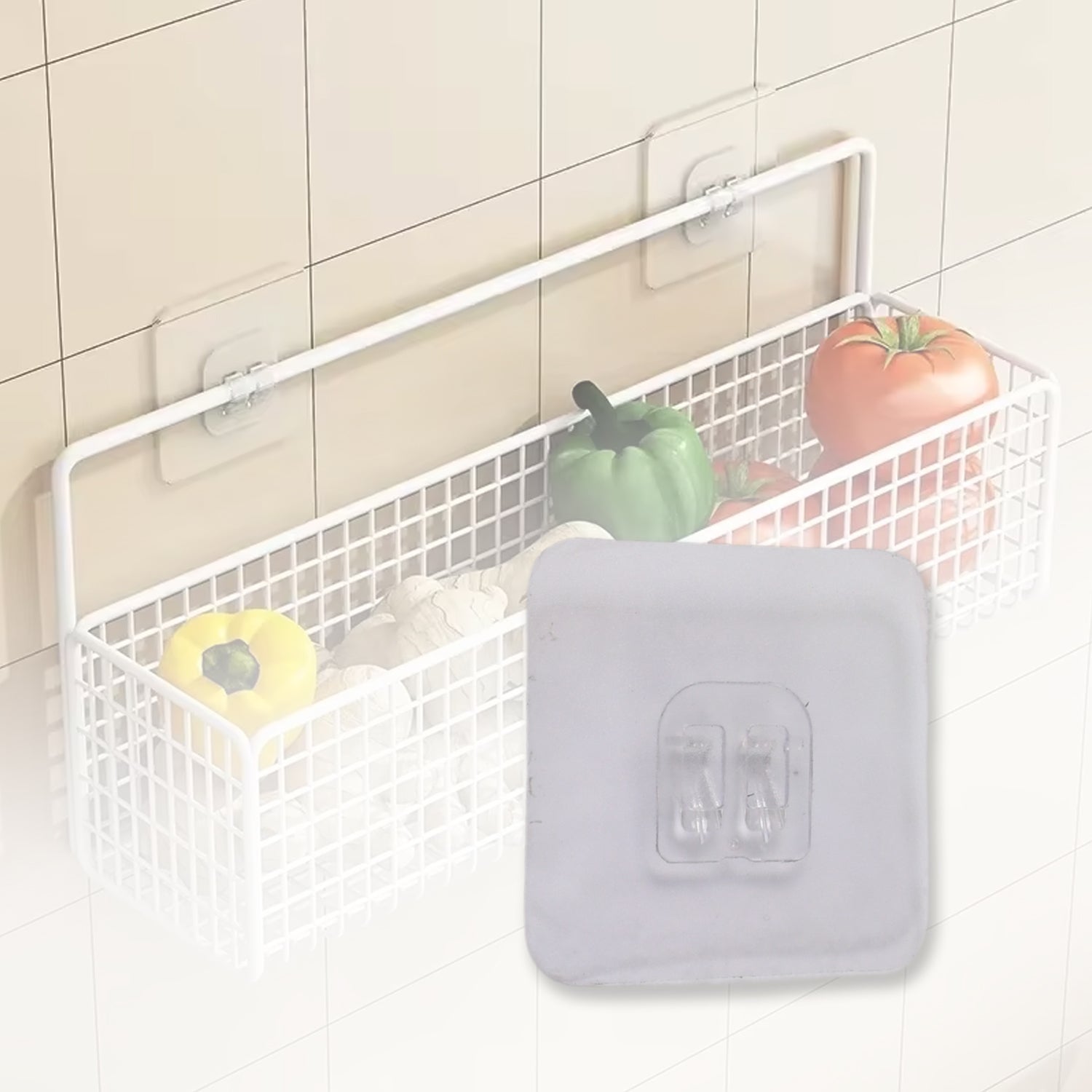 Waterproof self-adhesive wall hook applied to a clean bathroom tile surface.