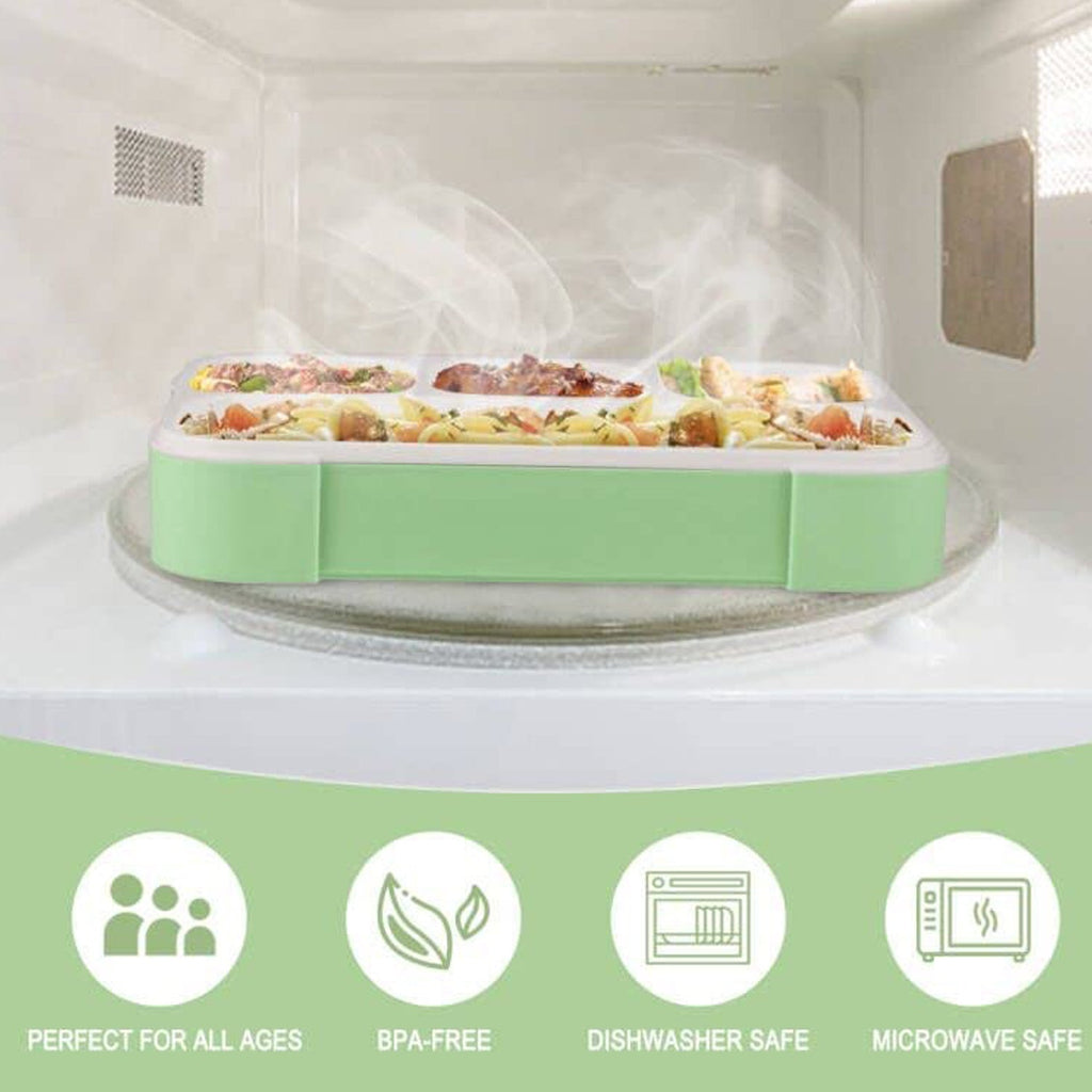 Lunch box with secure lid and four compartments for versatile use