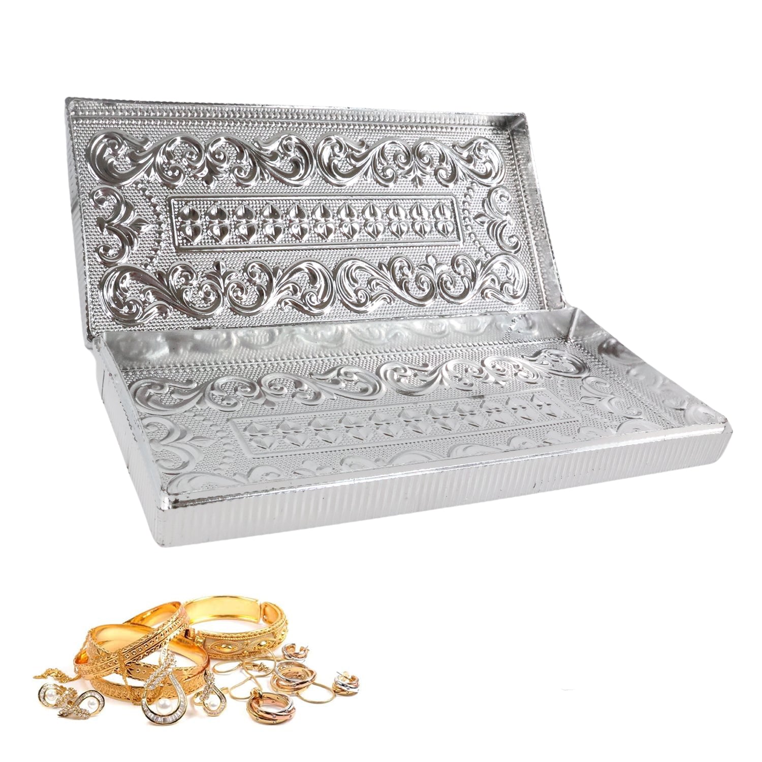 Silver cash box exterior highlighting decorative embossing and rectangular shape