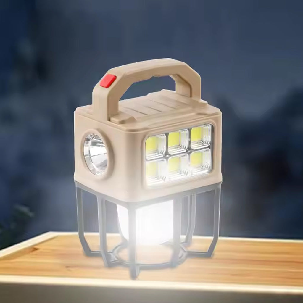 Side view of portable solar camping lantern for hiking and travel
