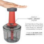 Top-down view of the compact vegetable chopper, highlighting its efficient three-blade mechanism.