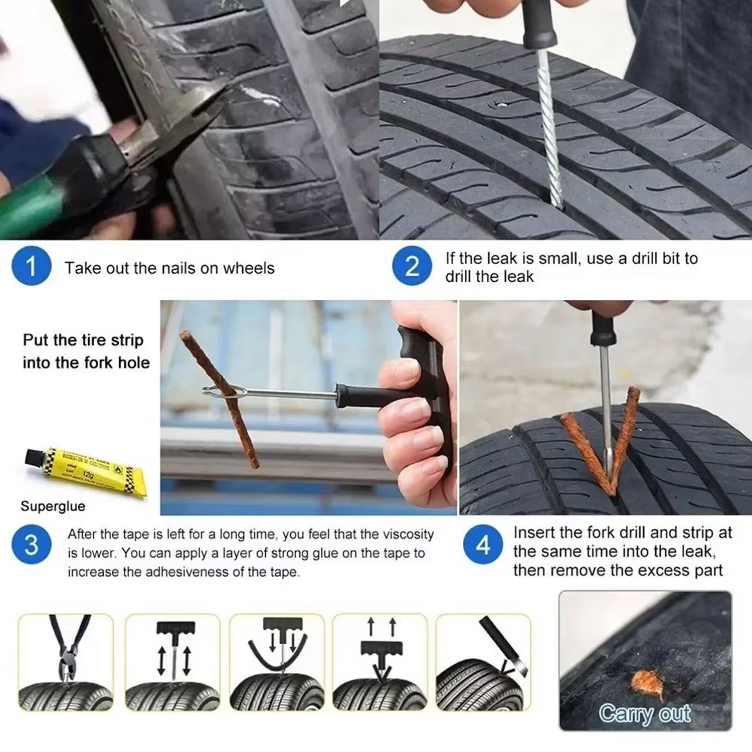 Compact and portable tubeless tyre repair kit for emergency roadside fixes.