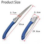 Detailed view of the carbon steel blade and comfortable handle of the saw.