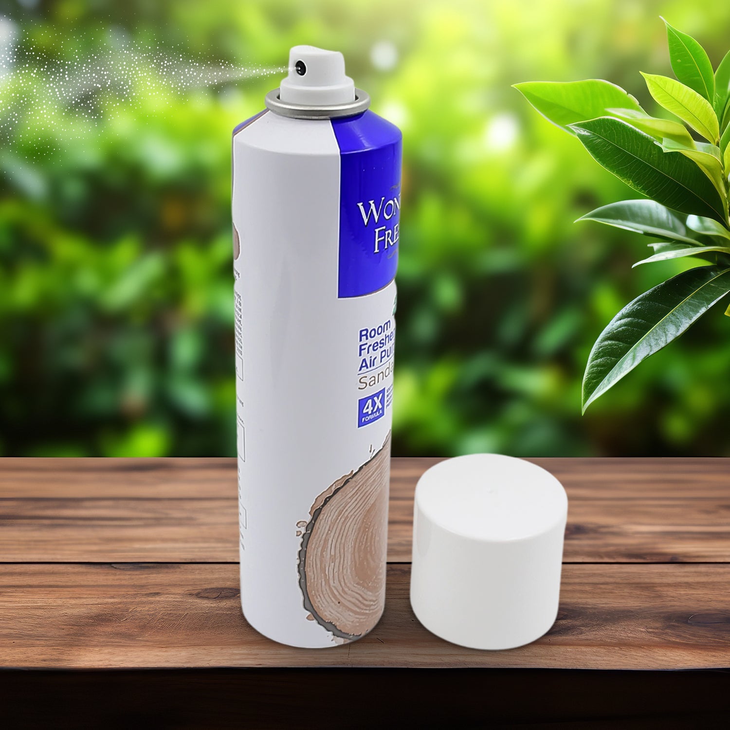 Wonder Fresh Sandalwood Air Freshener bottle elegantly placed on a wooden table.