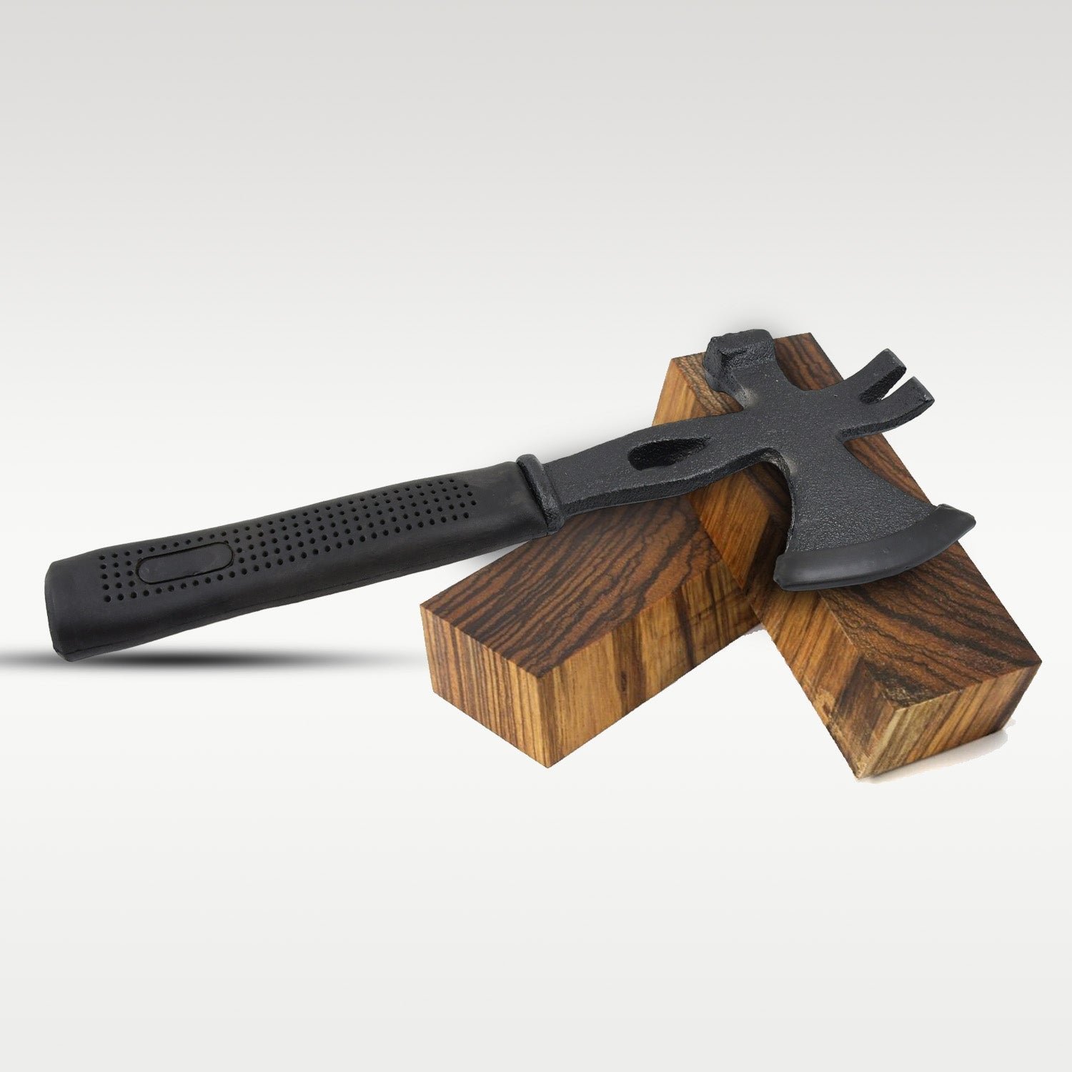 Multifunction axe with a protective rubber sheath for safe storage and transport.