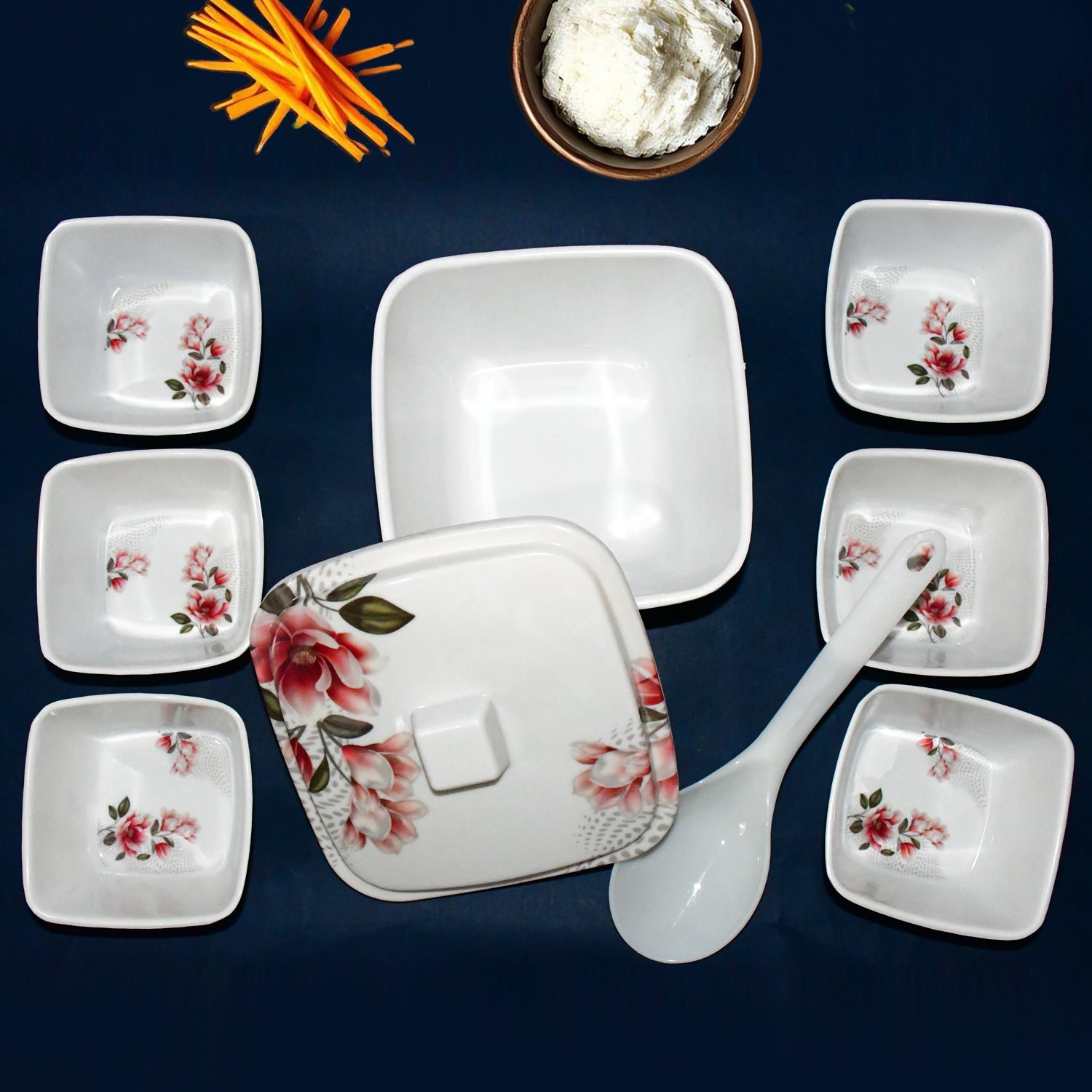 The complete Hector 9-piece plastic dinner set, highlighting its stackable design.