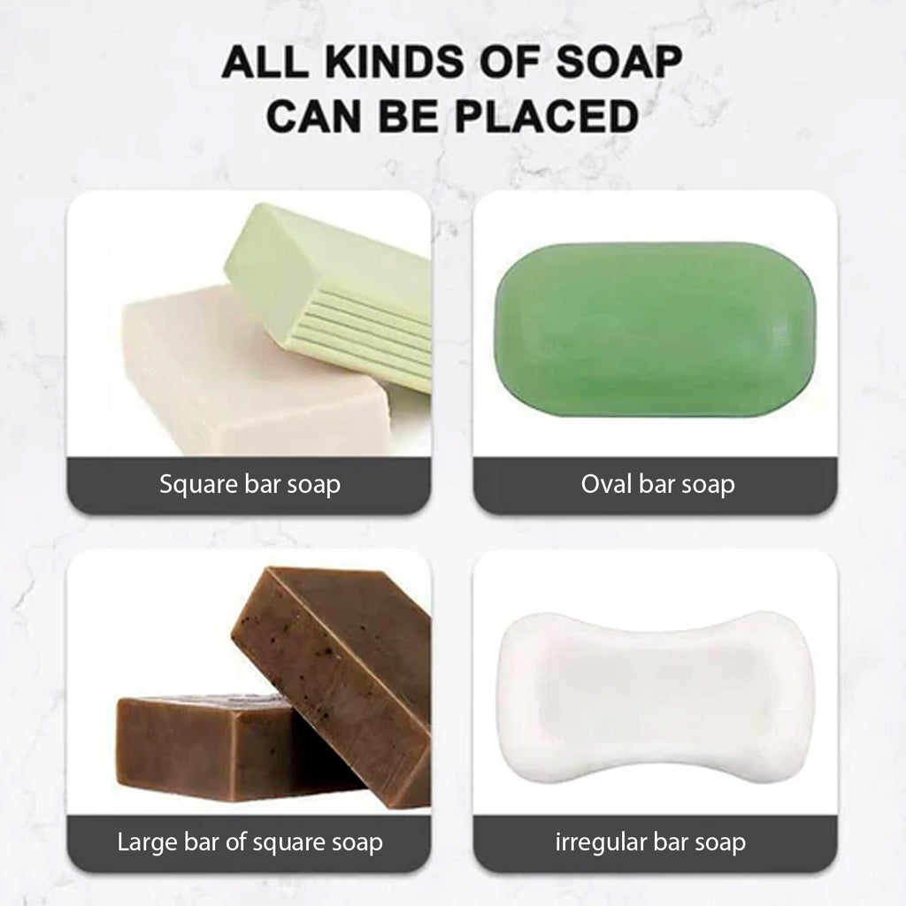 Another view of the wall-mounted soap dish with a fresh bar of soap.