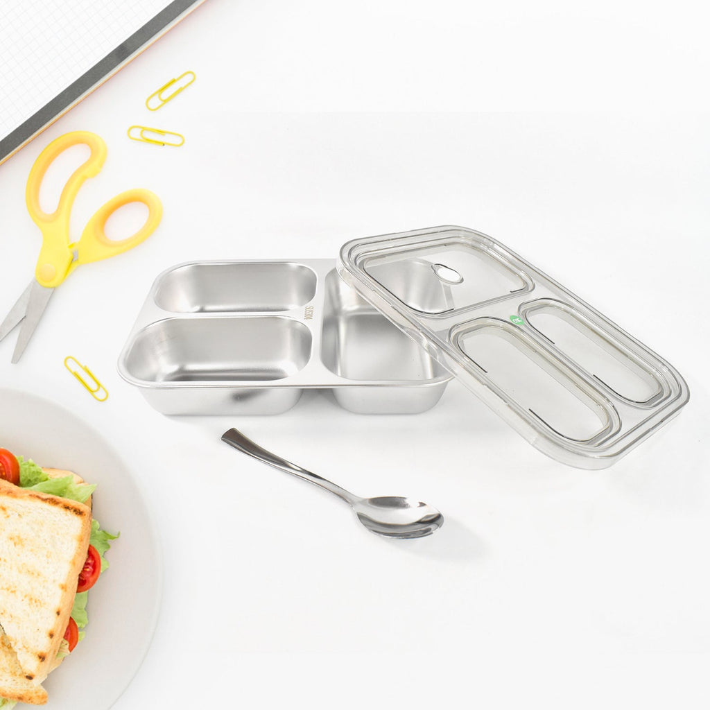 Stainless steel lunch box showing three separate food compartments for school meals