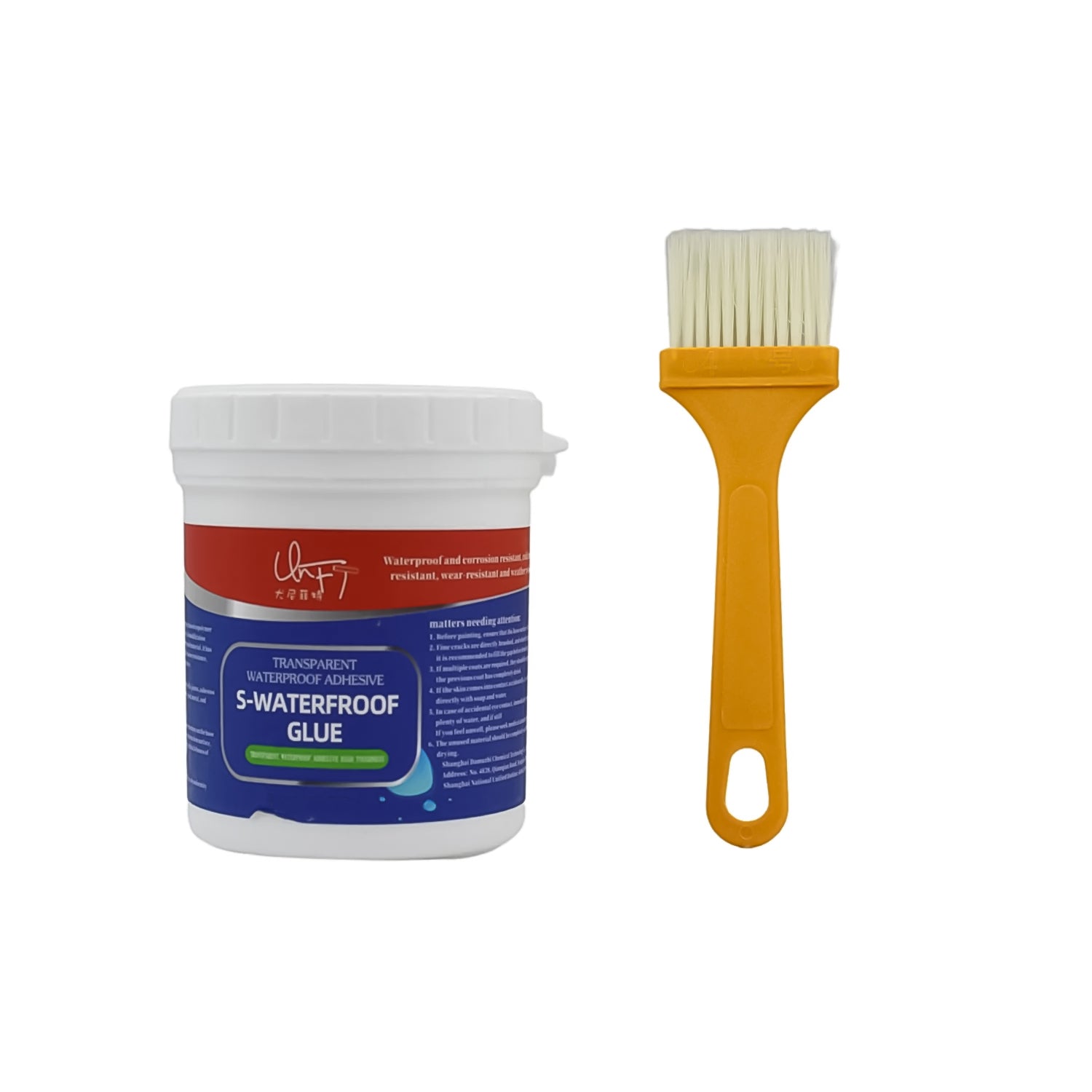 Transparent sealing glue applied with a brush, suitable for outdoor tiles, roofs, and windows.
