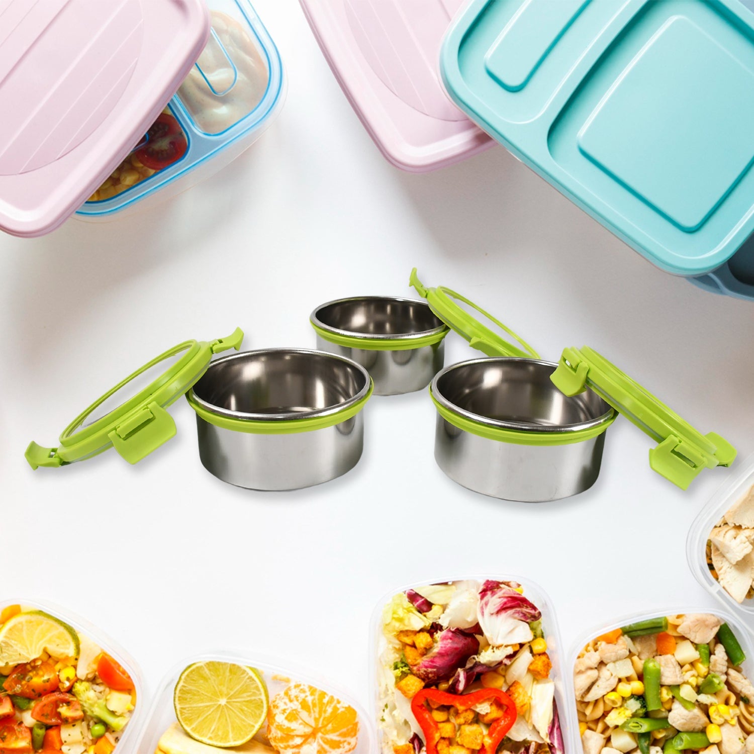 Hands closing the secure 4-side clip locks on a Ganesh Stainless Steel Tiffin Lunch Box.