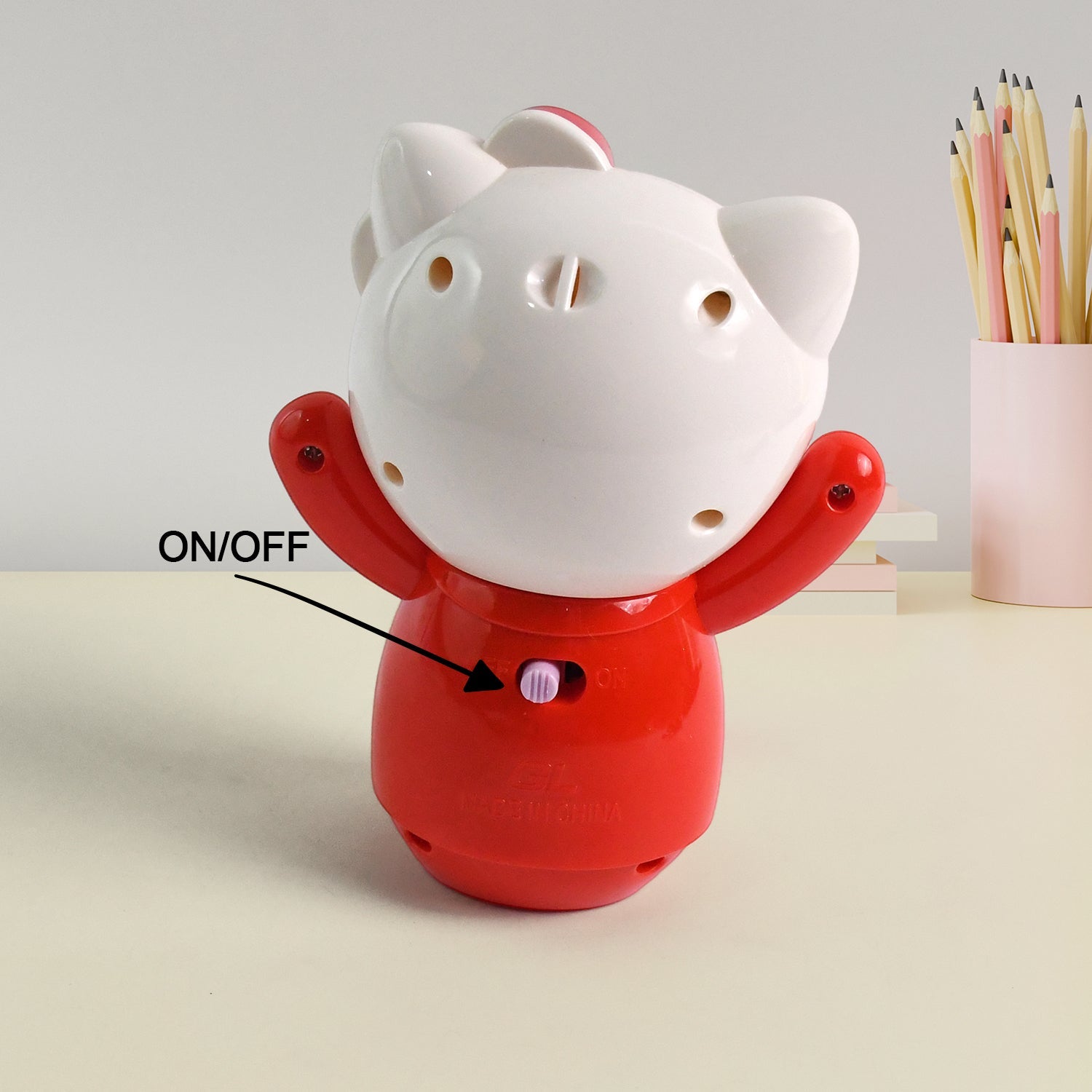 Side view of cute USB cartoon mini fan designed for kids