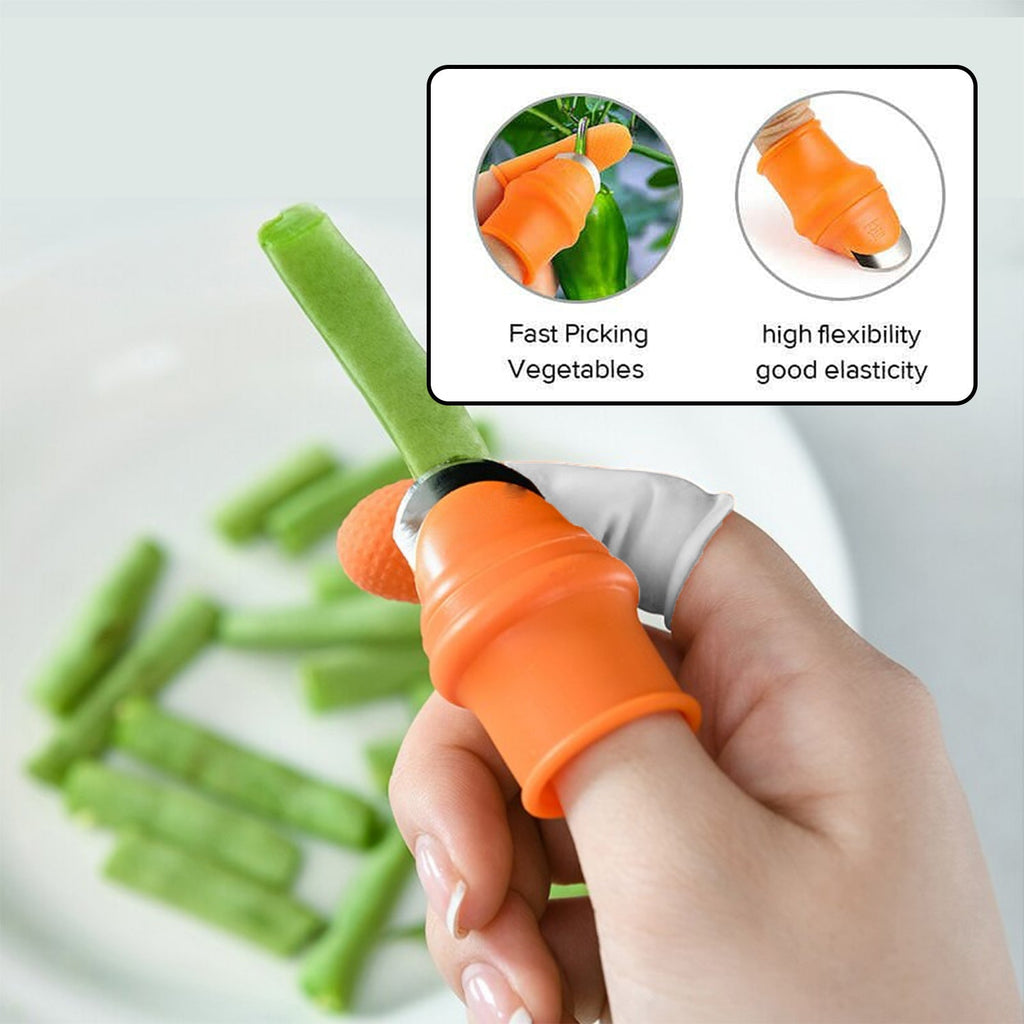 A hand using the V Thumb Cutter to peel a potato, demonstrating its practical application.