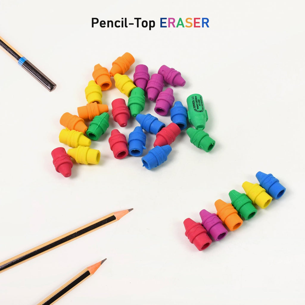 Assortment of soft rubber pencil erasers in various colors, neatly arranged.