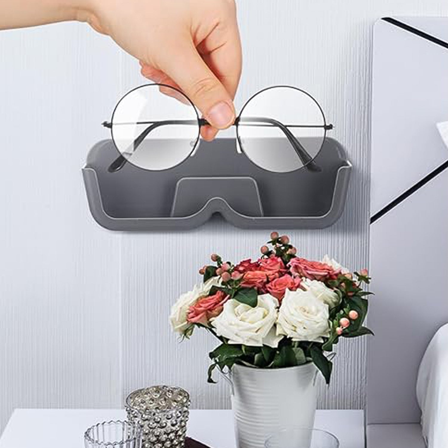 Side view of durable ABS sunglasses holder fixed on wall