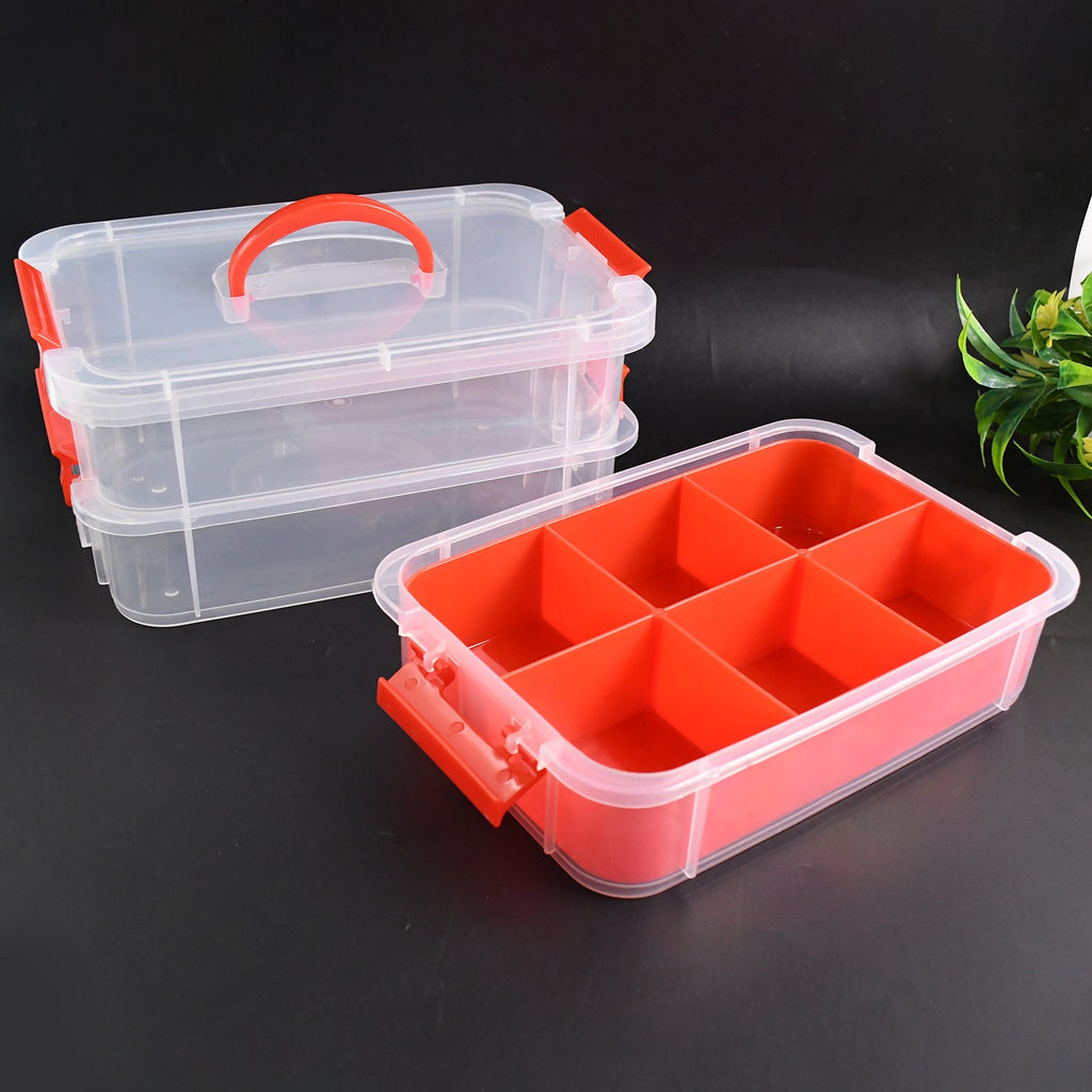 Side profile of portable transparent stackable storage box with red base
