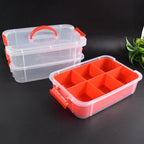 Side profile of portable transparent stackable storage box with red base