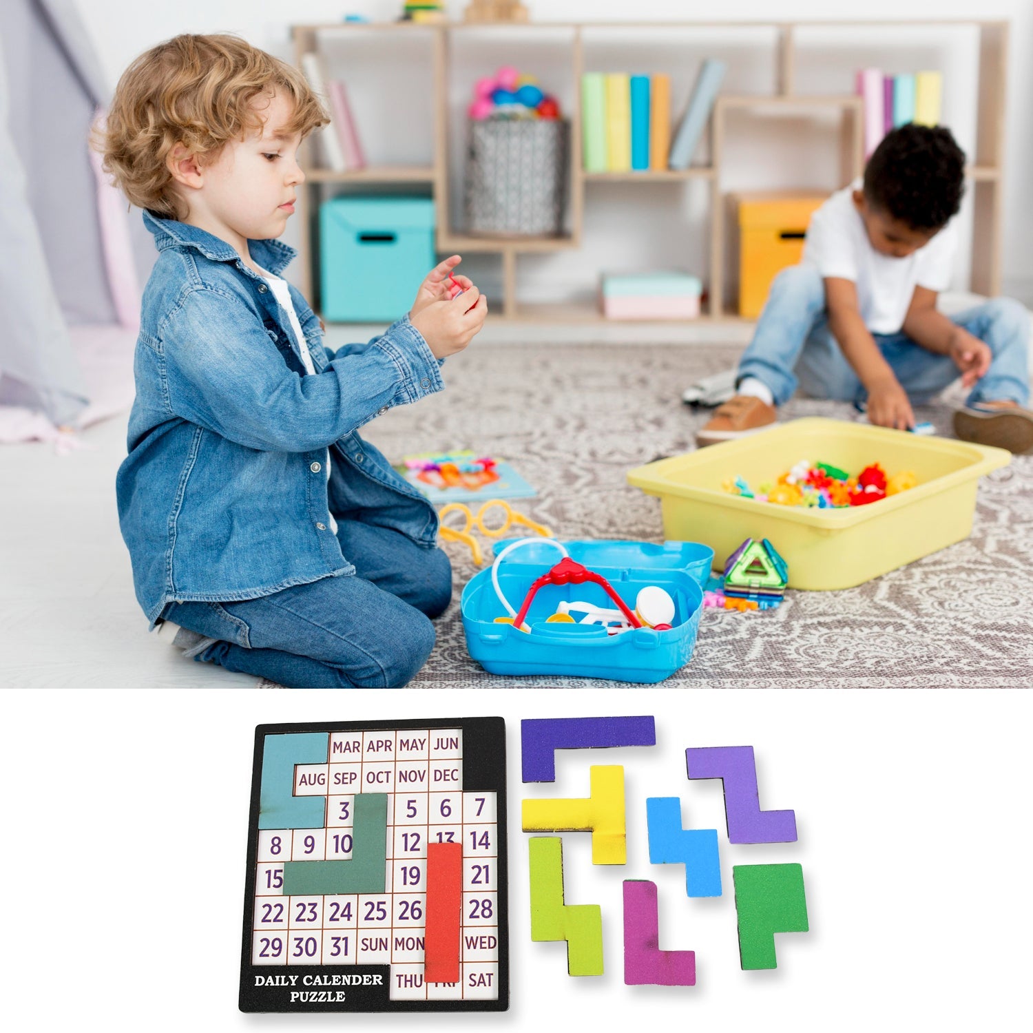 Person interacting with the Wooden Daily Calendar Puzzle, demonstrating engagement and focus.