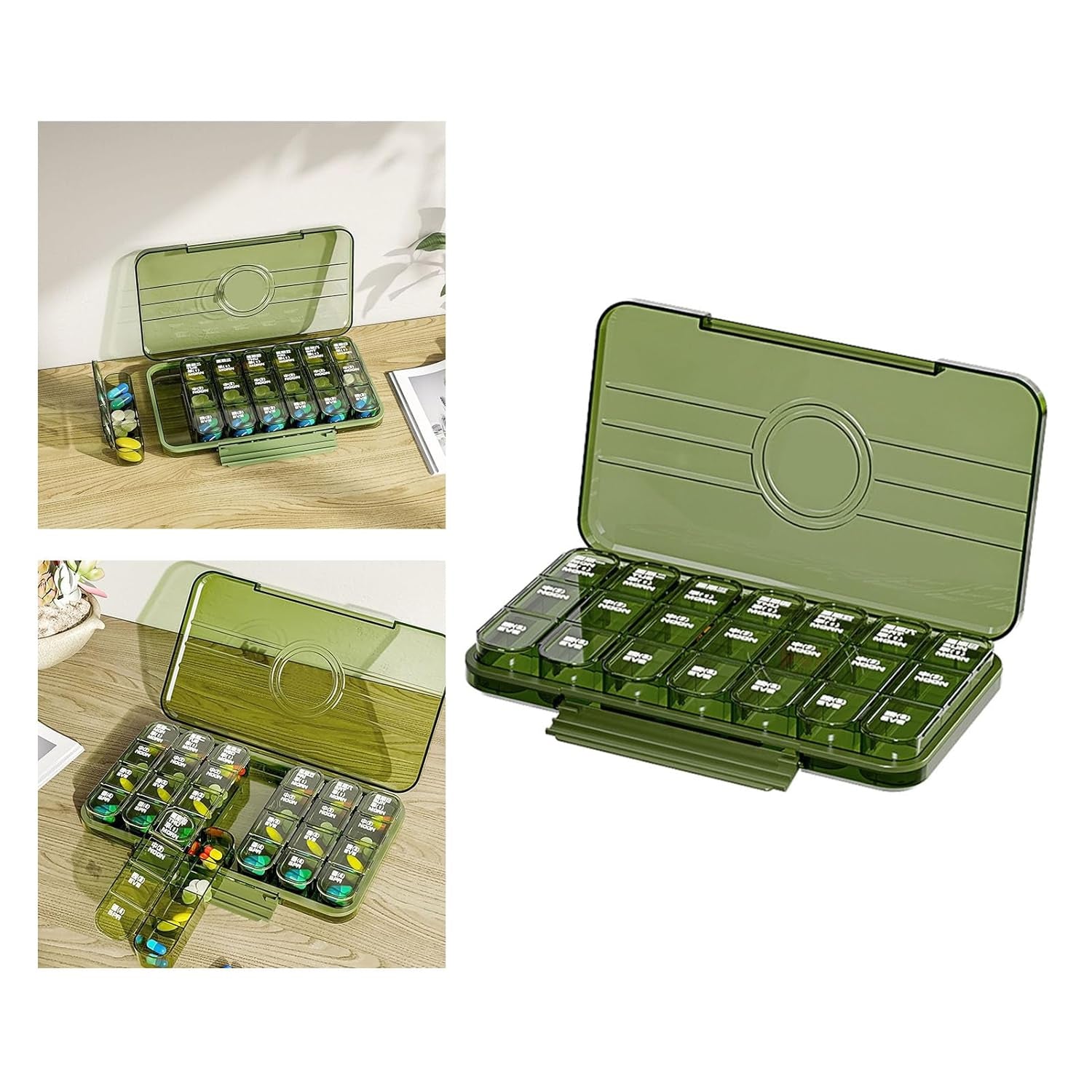 Separated daily pill trays from the 21-grid pill container, ready for individual use.
