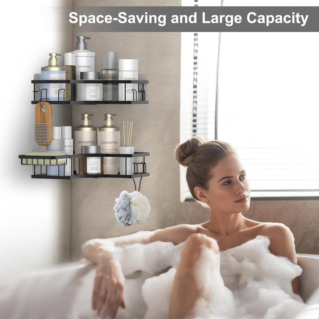 Side view of durable stainless steel corner shelf organizer showcasing dense grid design for drainage