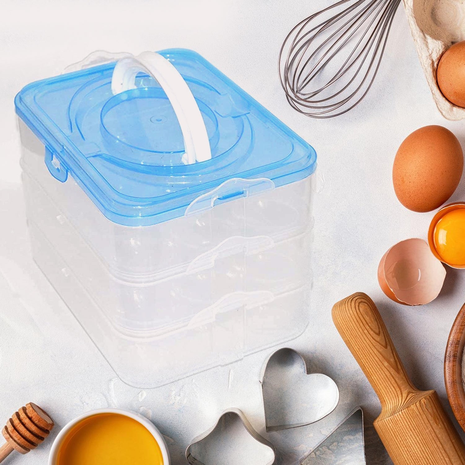 Top view of the empty, transparent egg trays ready for use.