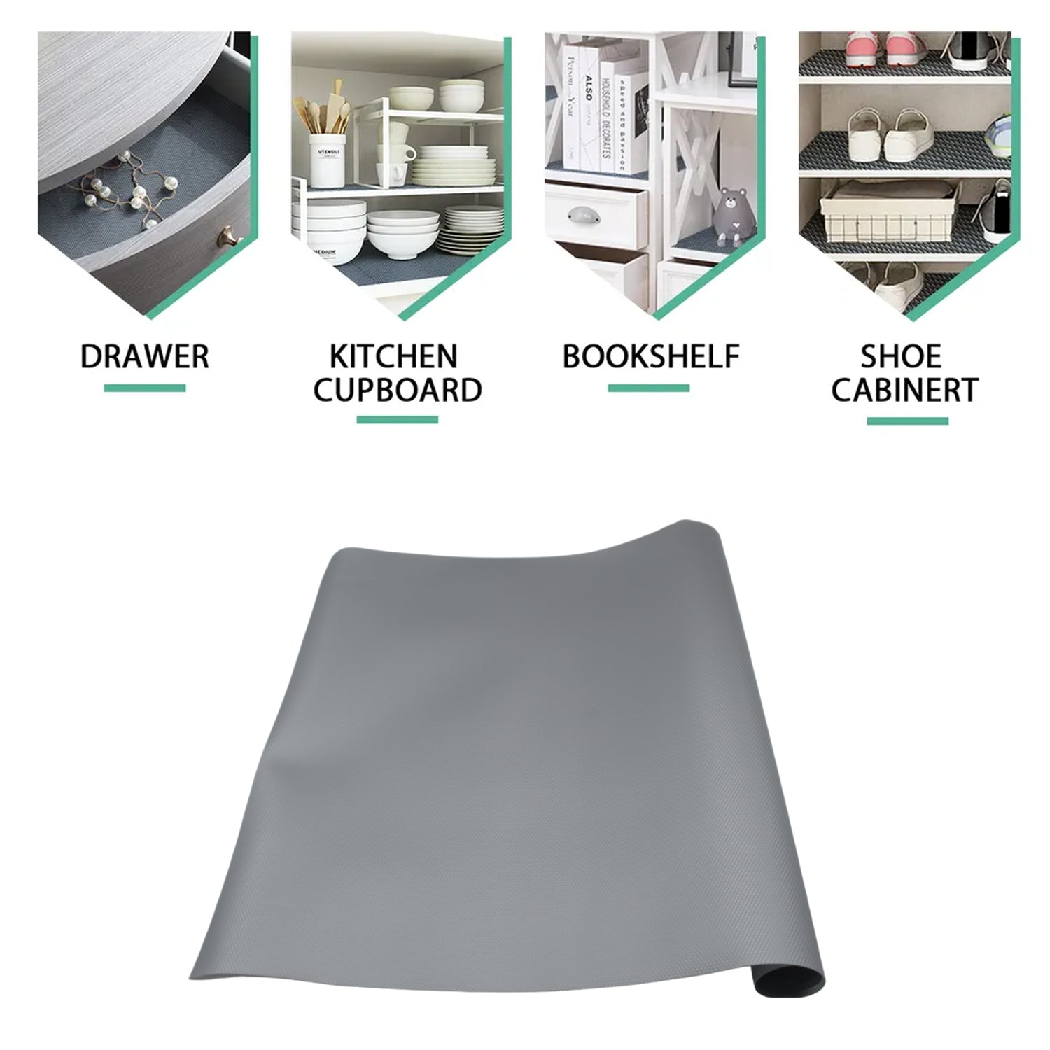 Multipurpose anti-slip shelf liner protecting a kitchen counter and drawer.