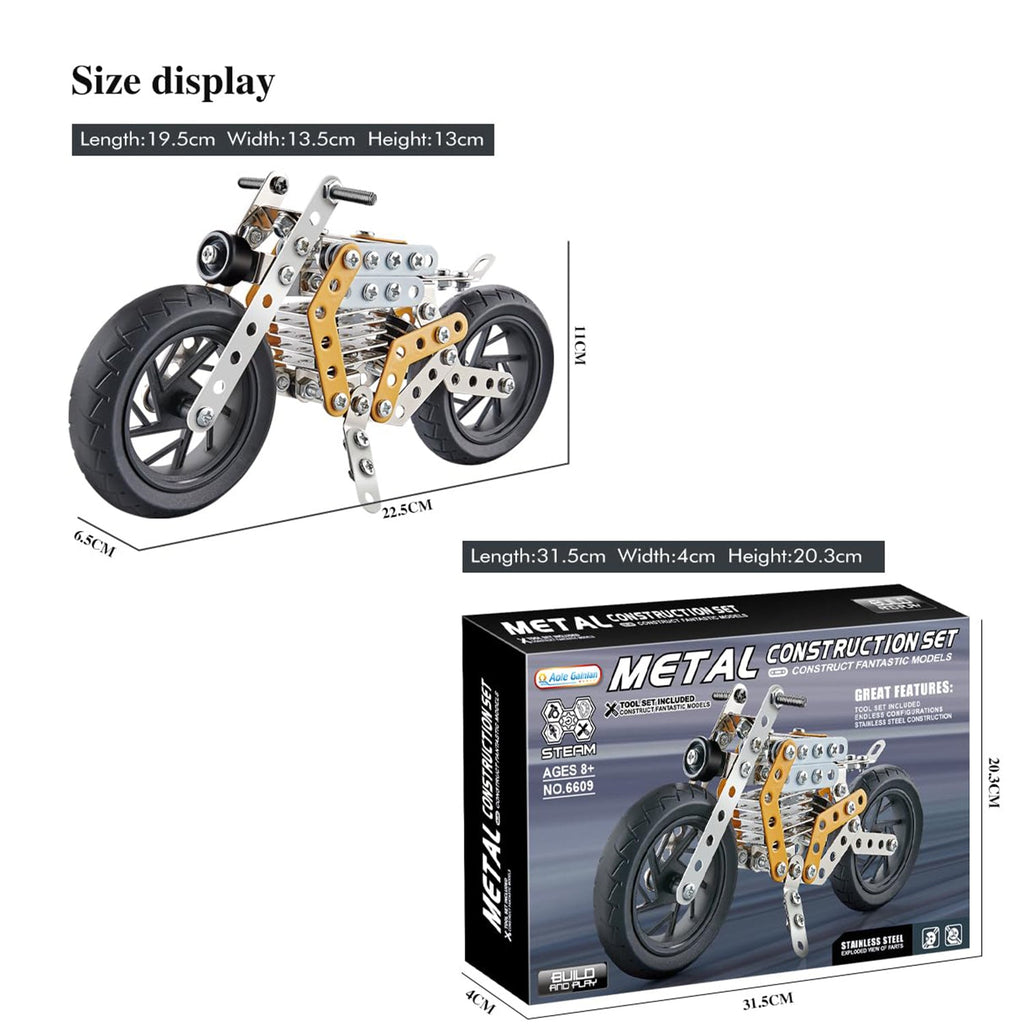 Various metal pieces and connectors for the creative bike construction set.
