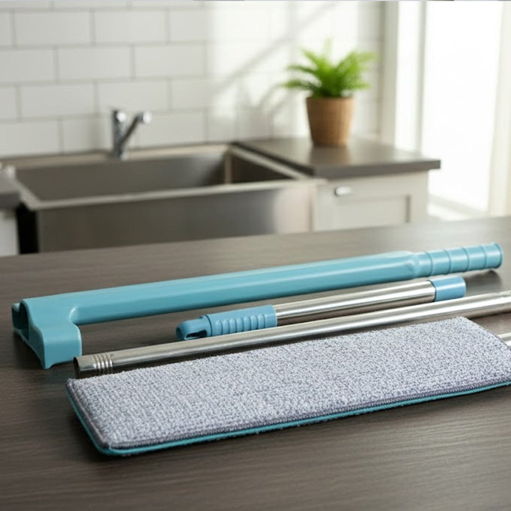 Flat floor cleaning mop reaching under furniture with slim mop head