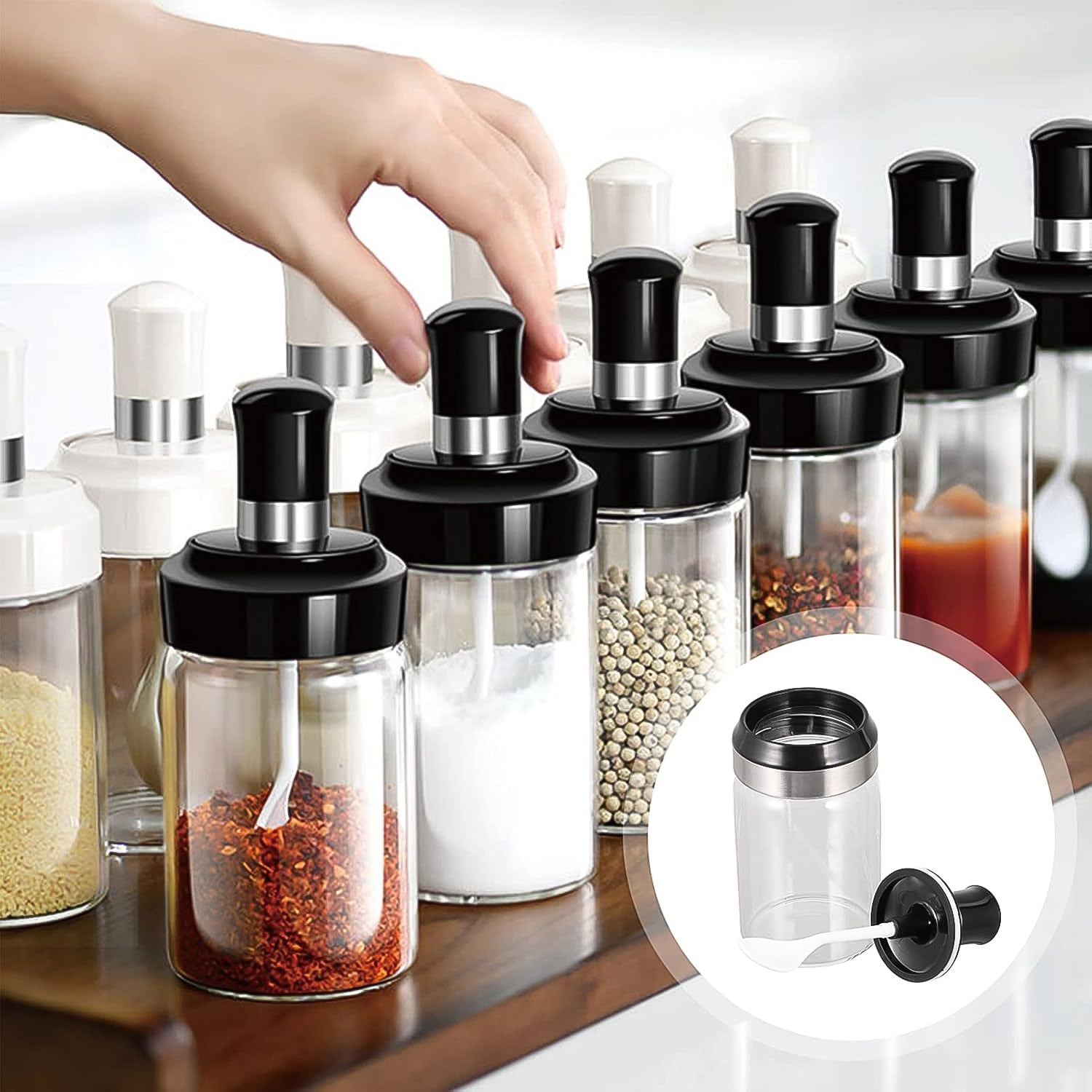 Clear glass food storage jar featuring airtight lid and attached spoon