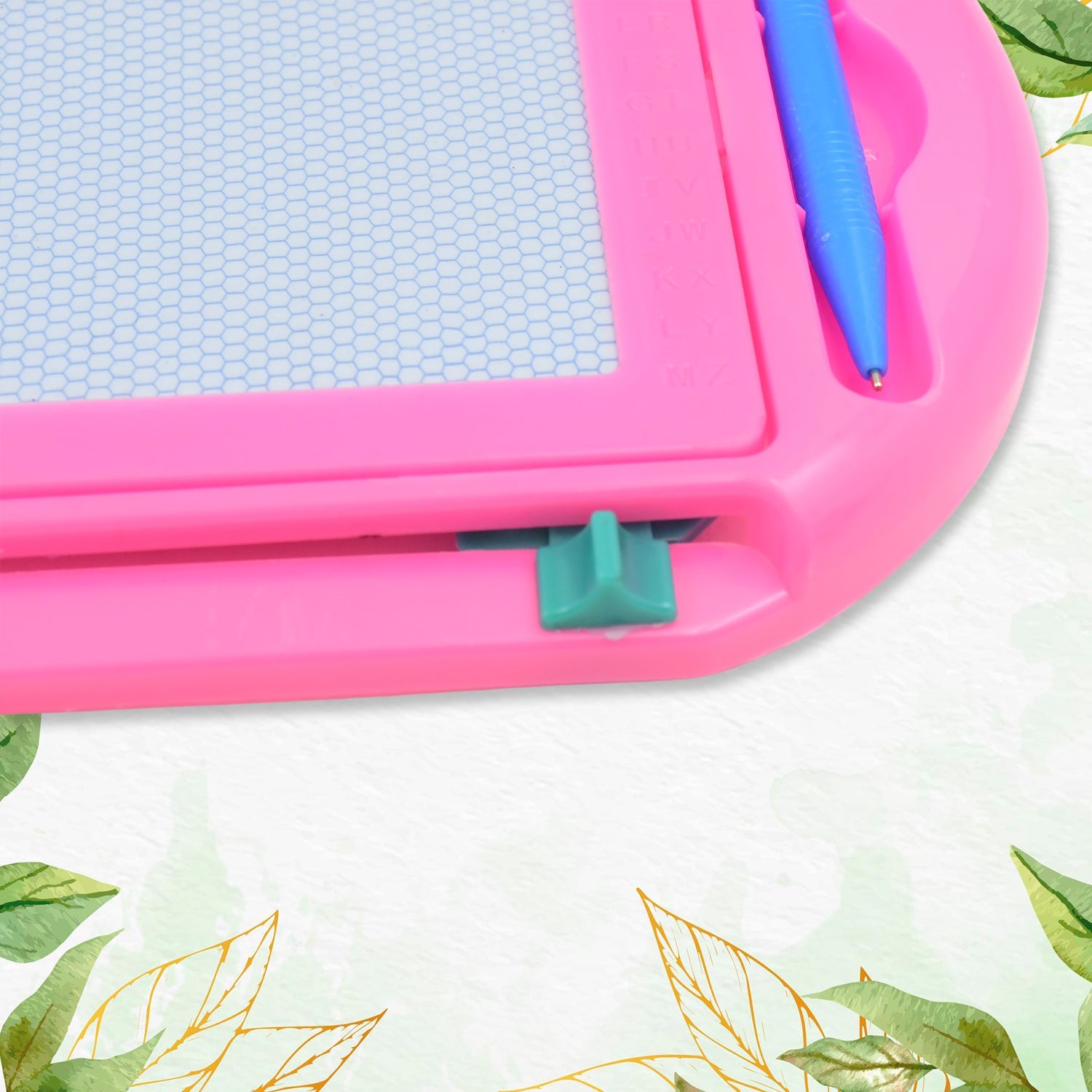 Girl holding a vibrant writing board with pen for creative play.