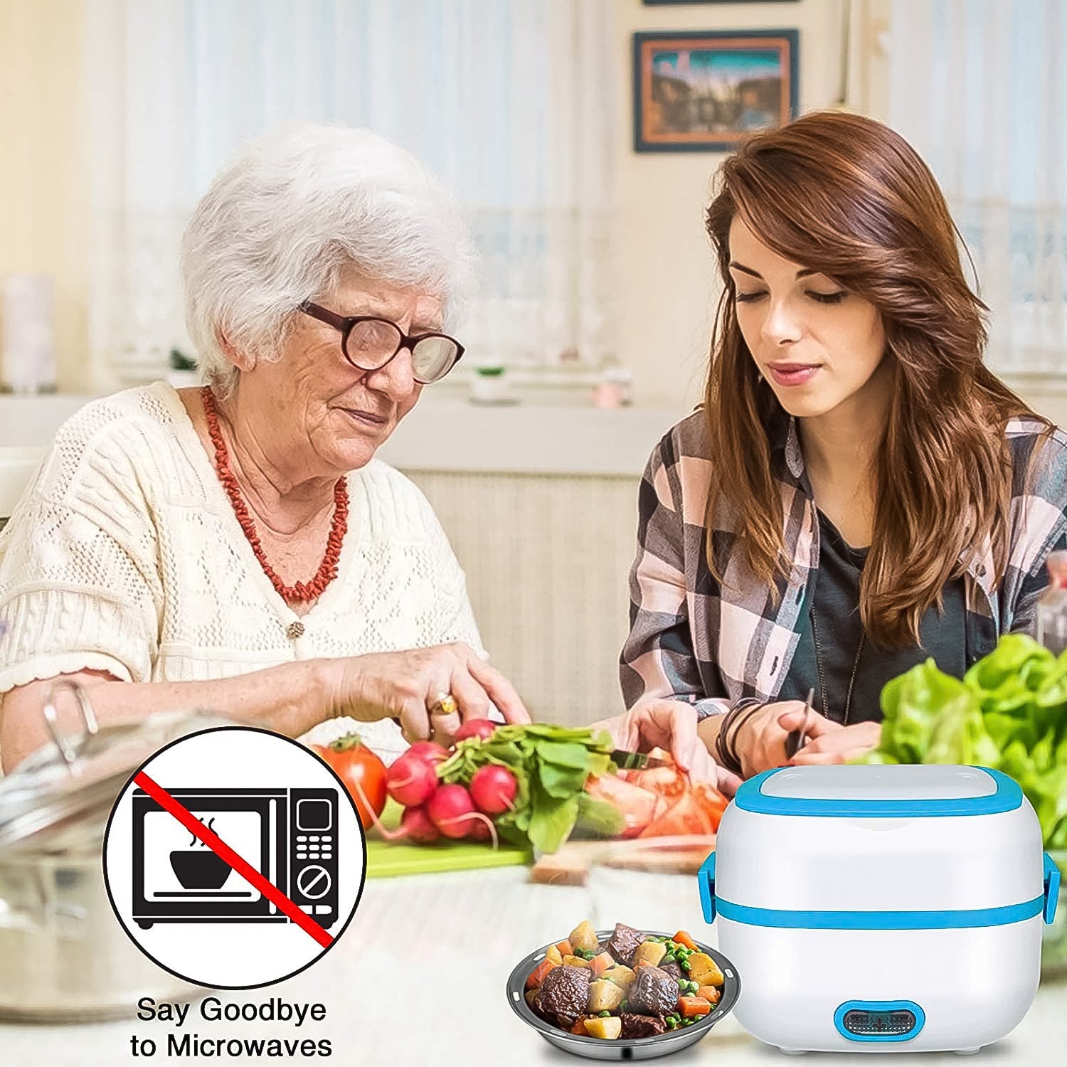 Close-up of the Electric Lunch Box's secure lid and carrying handle for easy transport.