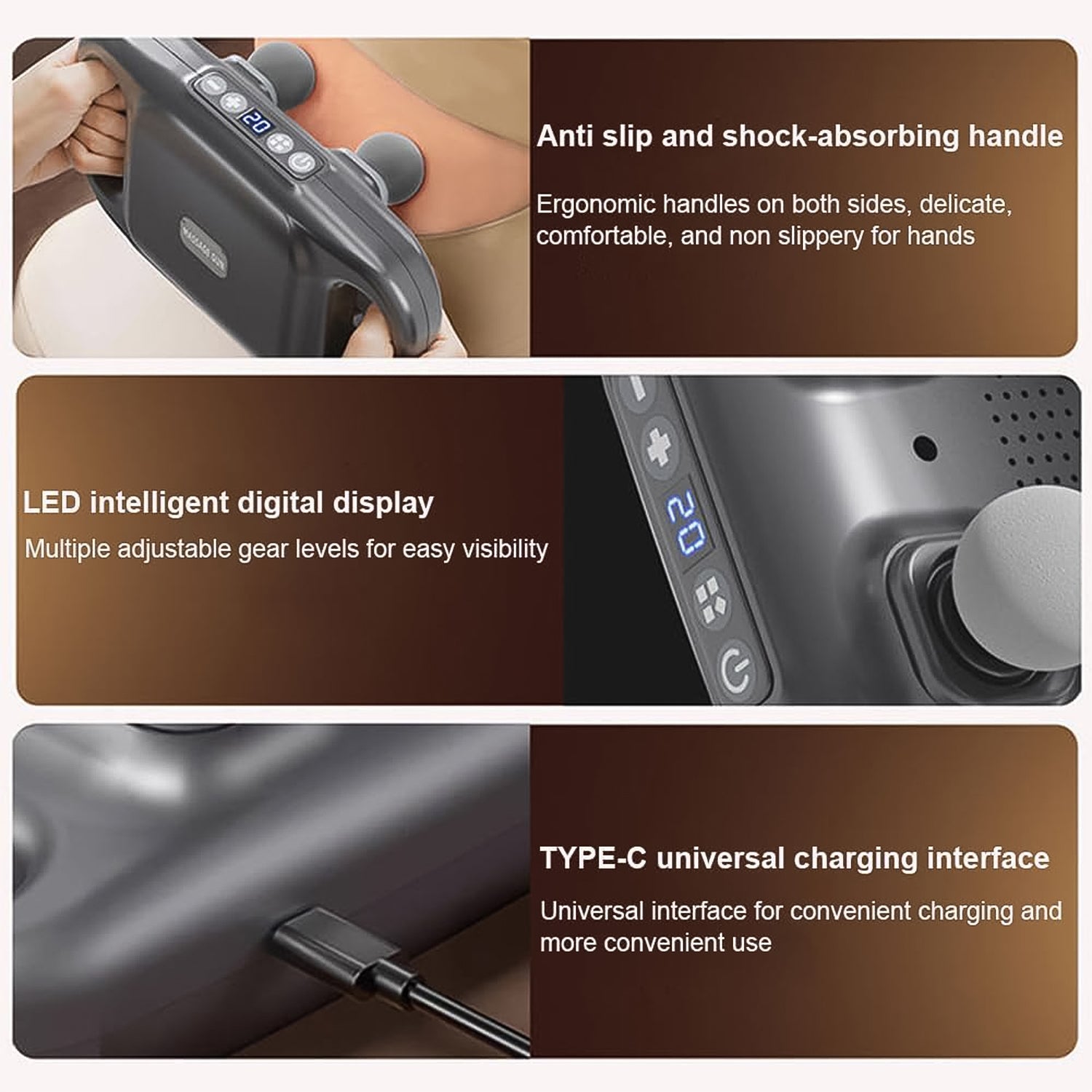 Ergonomic ring-shaped handle of the massage gun, designed for anti-slip grip.