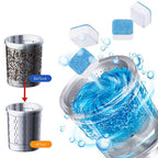 Effervescent washing machine cleaner tablet dissolving in a washer drum.