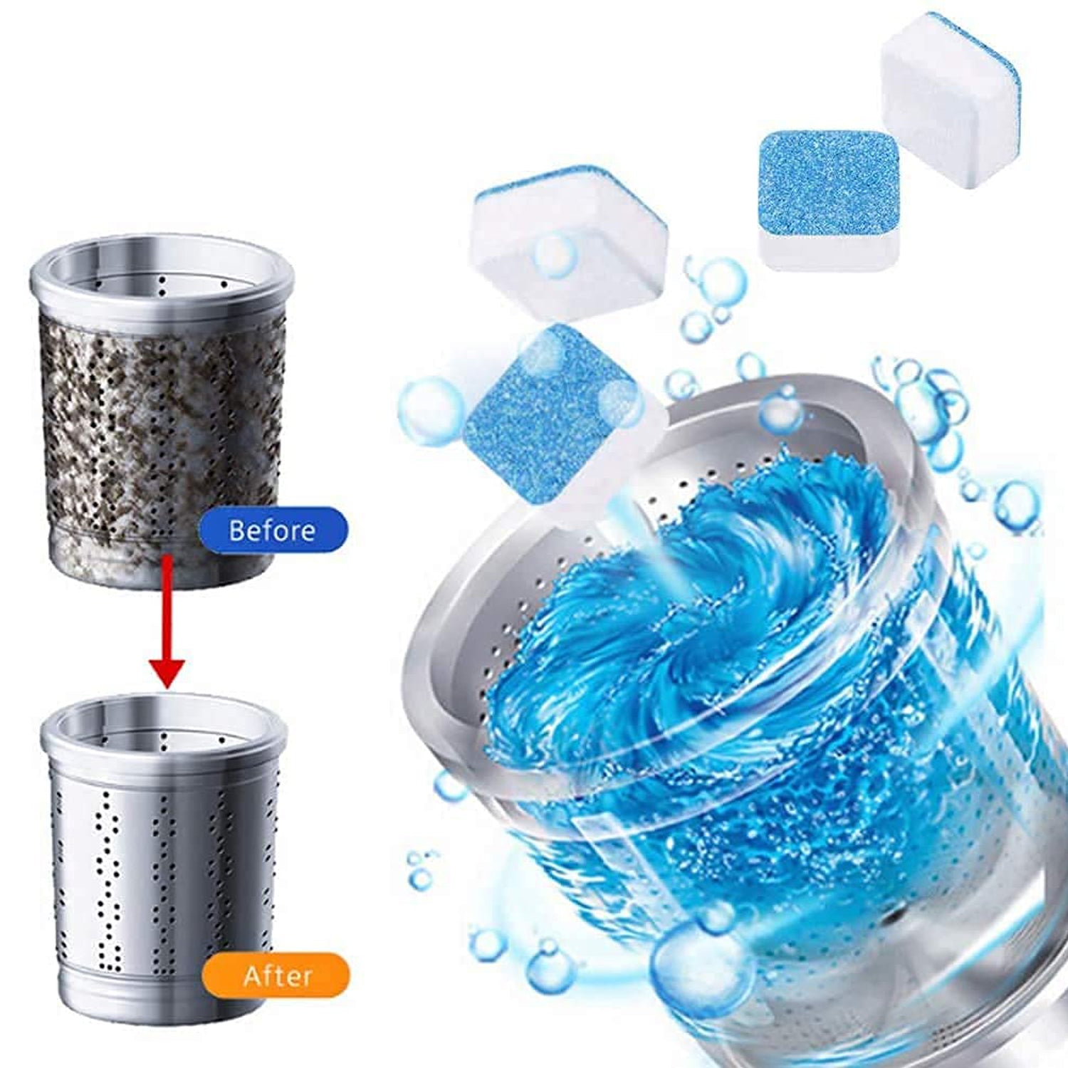 Effervescent washing machine cleaner tablet dissolving in a washer drum.