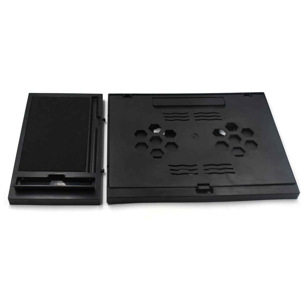 Compact foldable laptop stand with phone holder, ideal for desk and travel.
