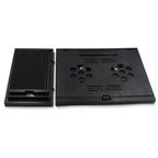 Compact foldable laptop stand with phone holder, ideal for desk and travel.