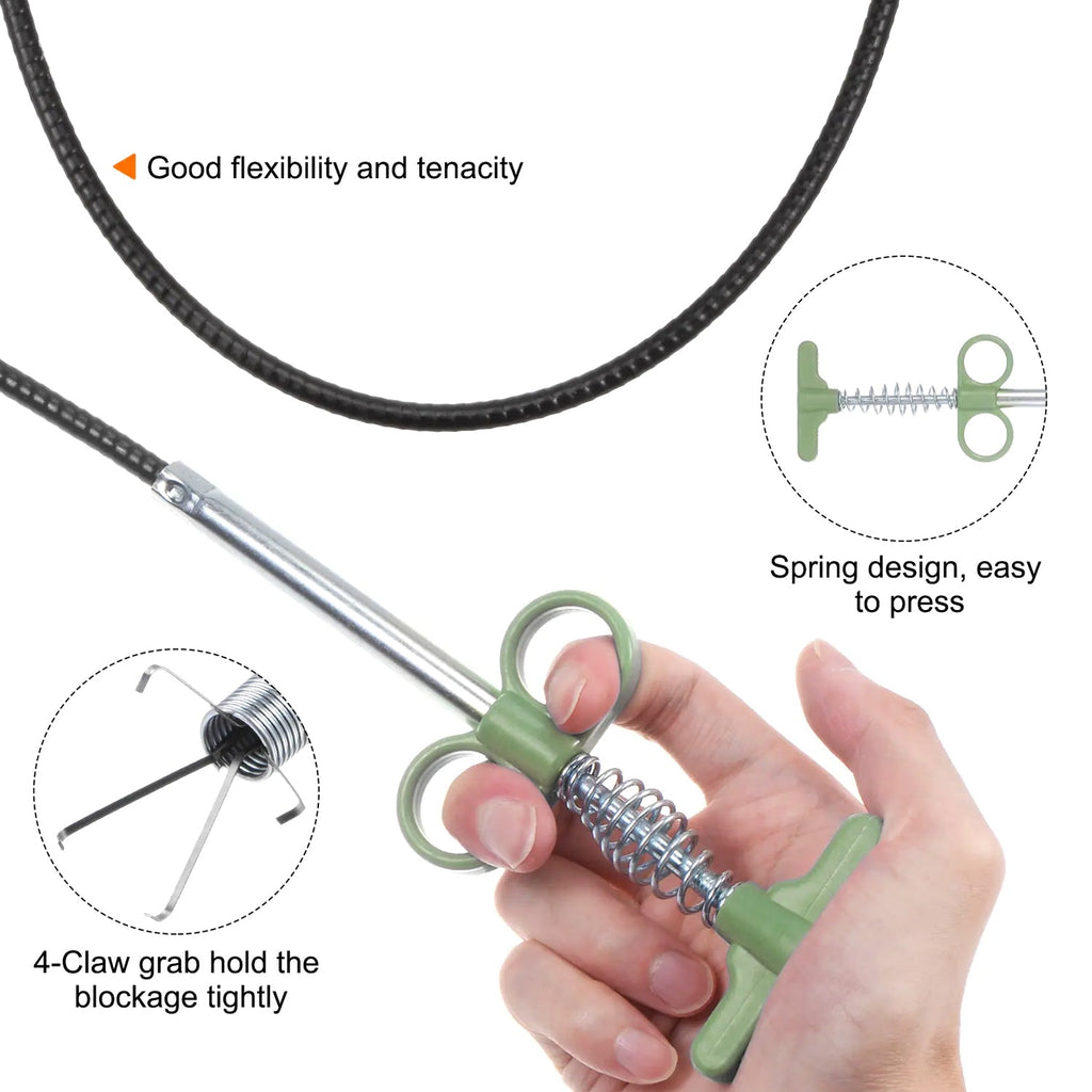 Ergonomic hand grip close-up on spring drain cleaning tool