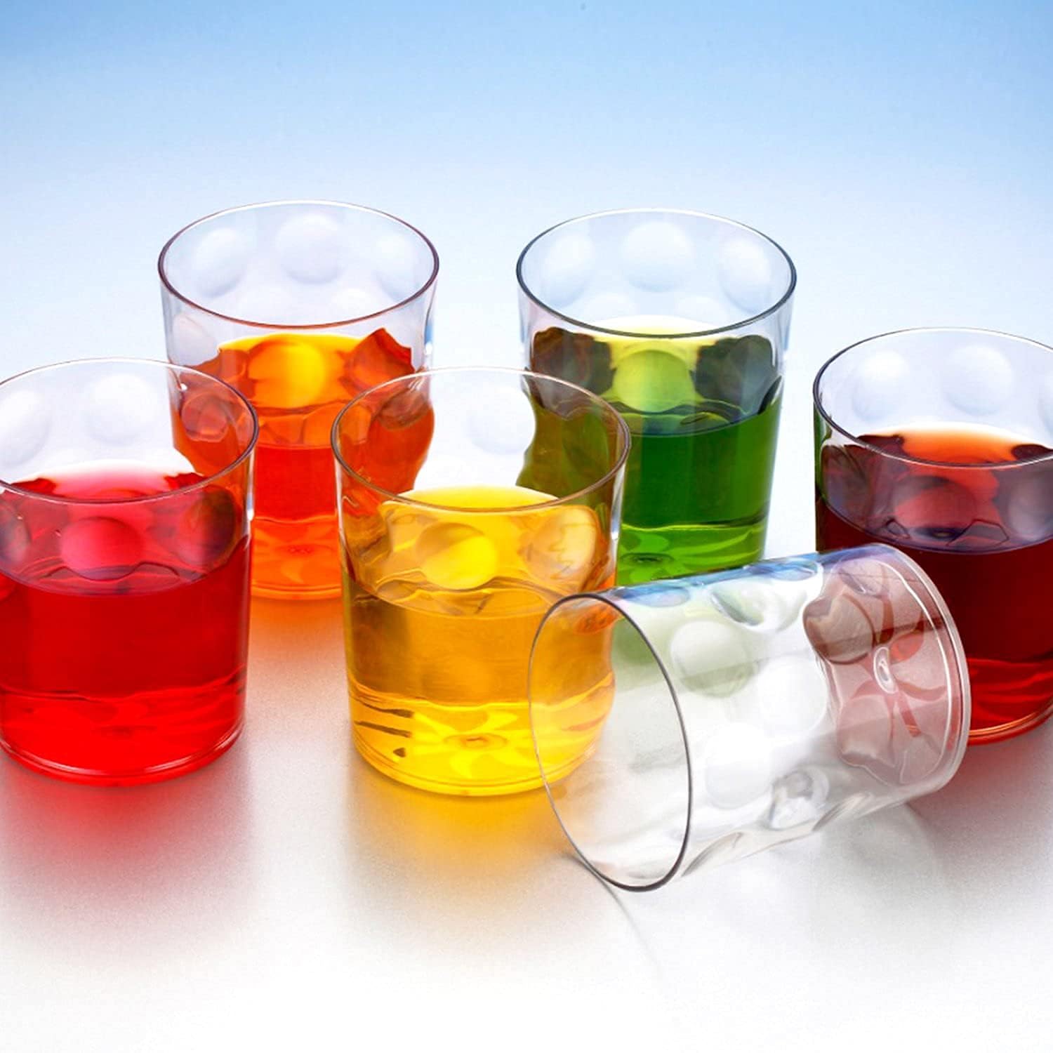 Set of six clear polycarbonate unbreakable drinking glasses with bubble texture.