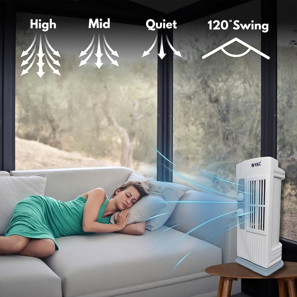 Close-up details of Orbit micro tower fan showing design quality