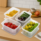 Stackable plastic food storage containers designed for refrigerator and freezer safety