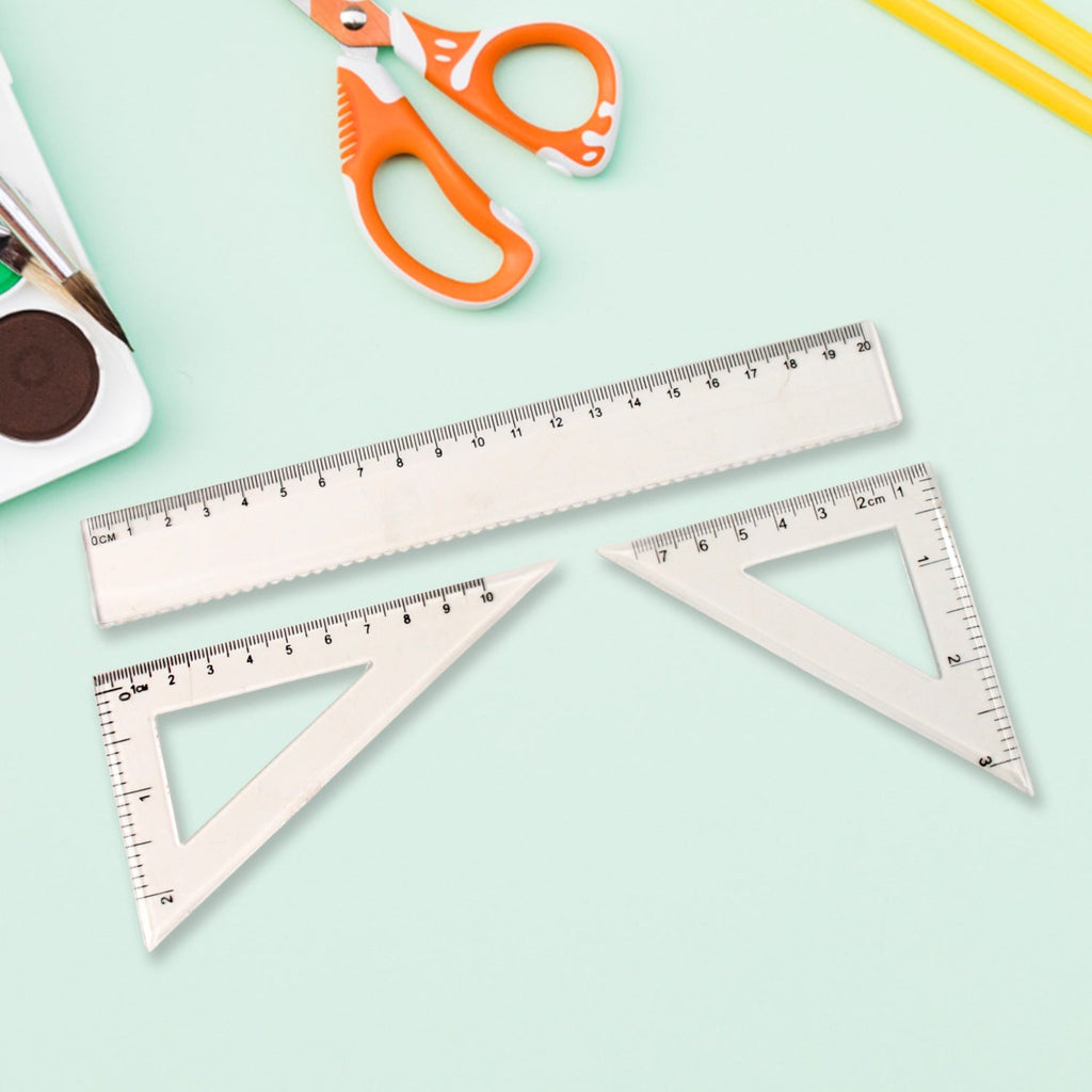 All-in-one kids stationery kit including ruler and geometry set squares