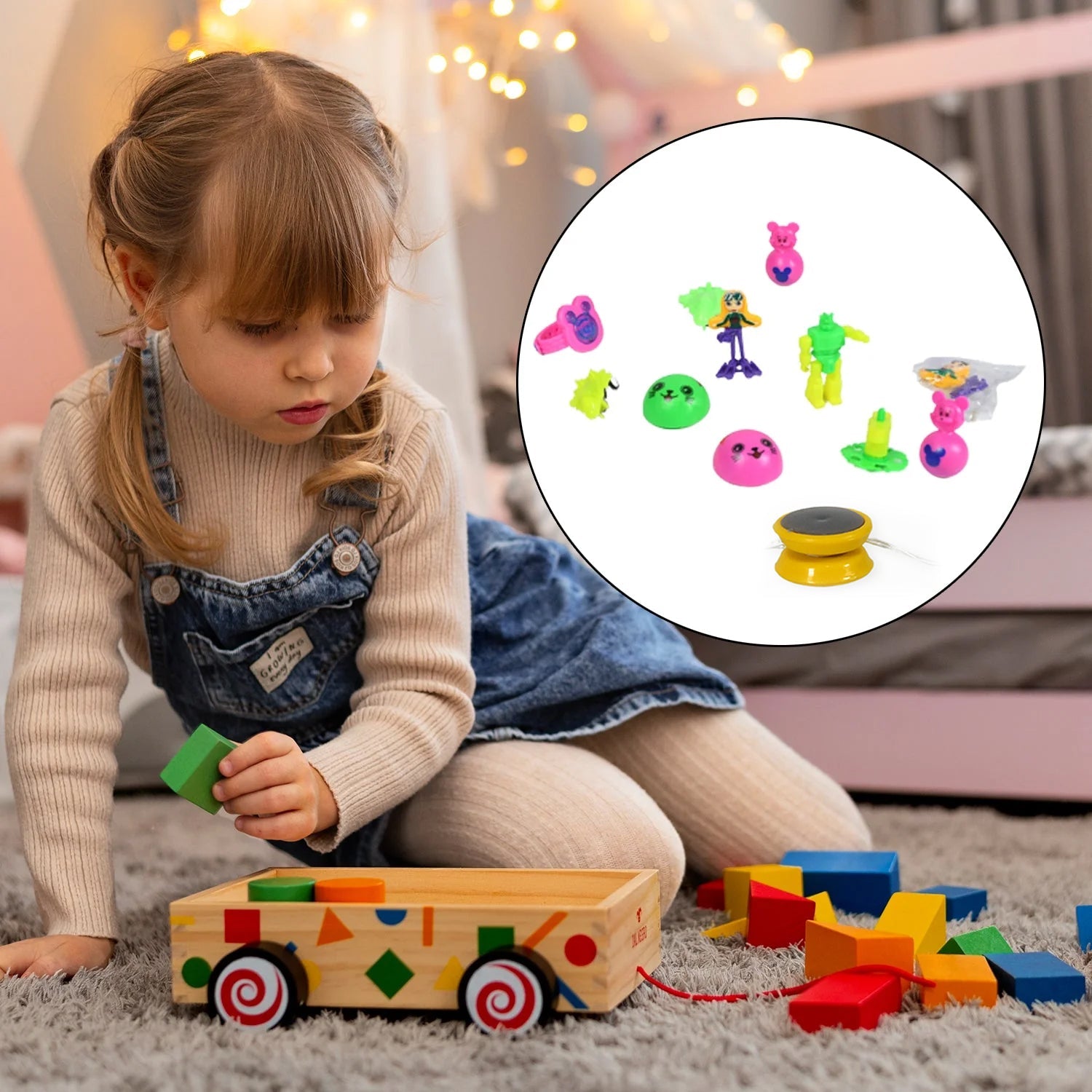 Assorted plastic toys neatly packed in a transparent pouch.