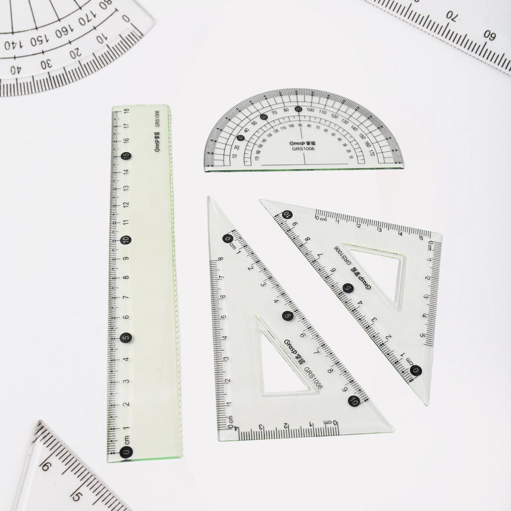 Transparent geometry kit with drafting ruler and triangle included