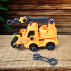 Two vibrant DIY assembly toy engineering vehicles displayed on a white background.