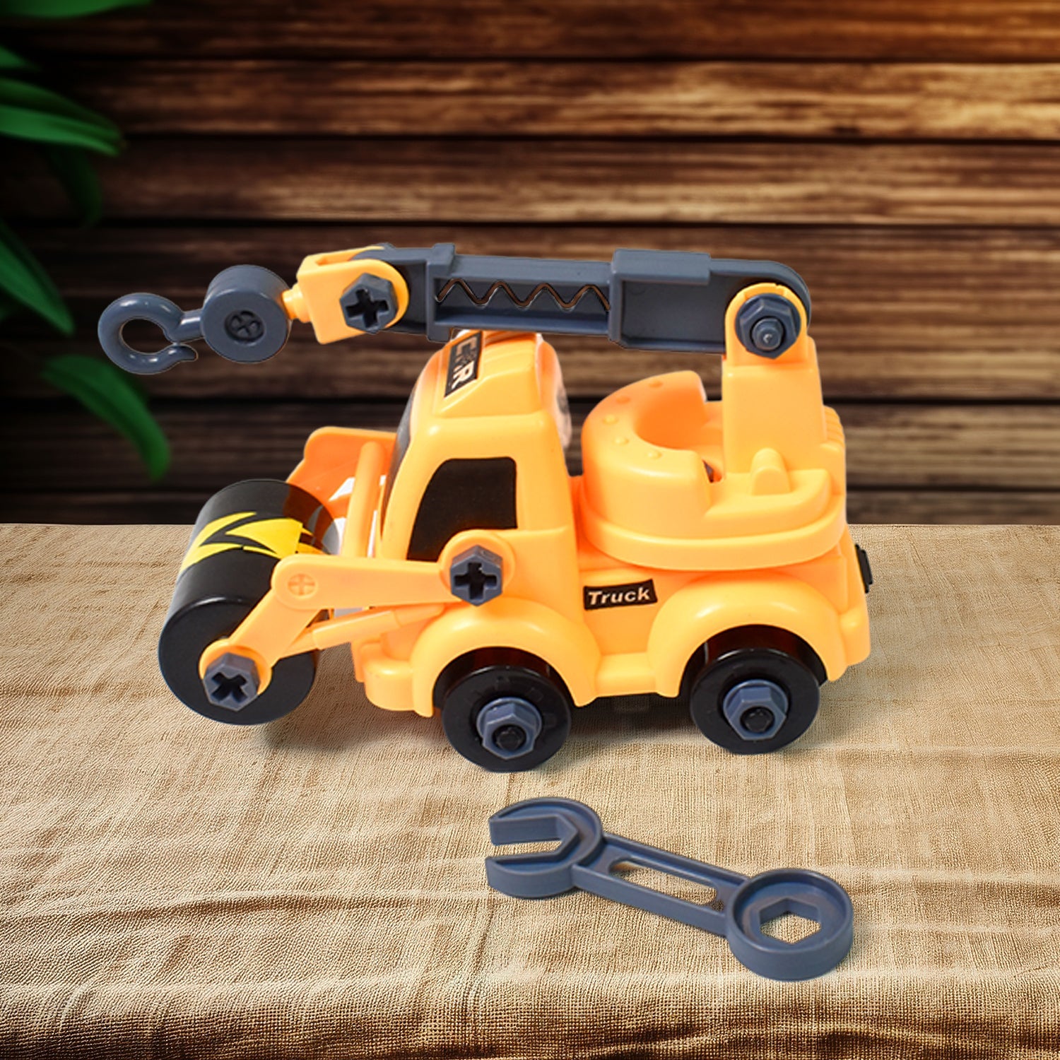 Two vibrant DIY assembly toy engineering vehicles displayed on a white background.