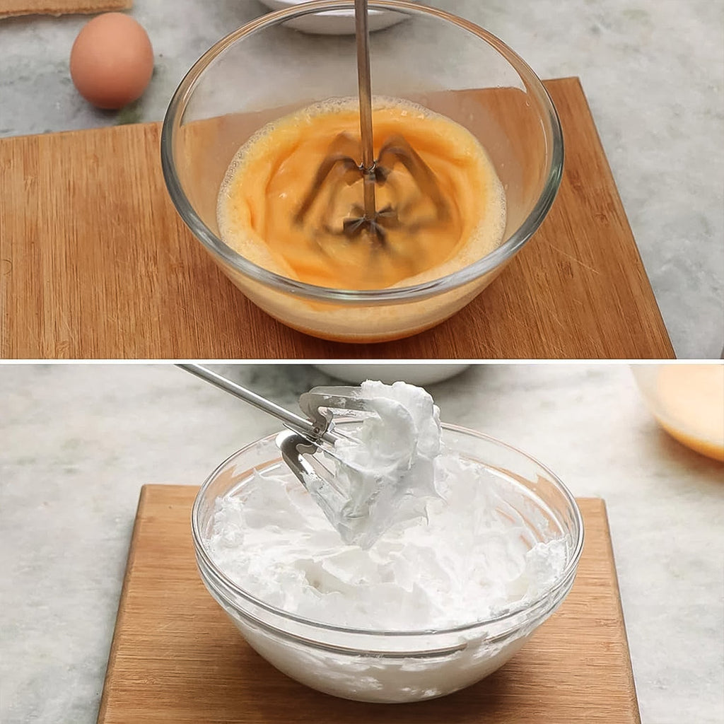 The spring-action whisk of the stainless steel hand blender in use.