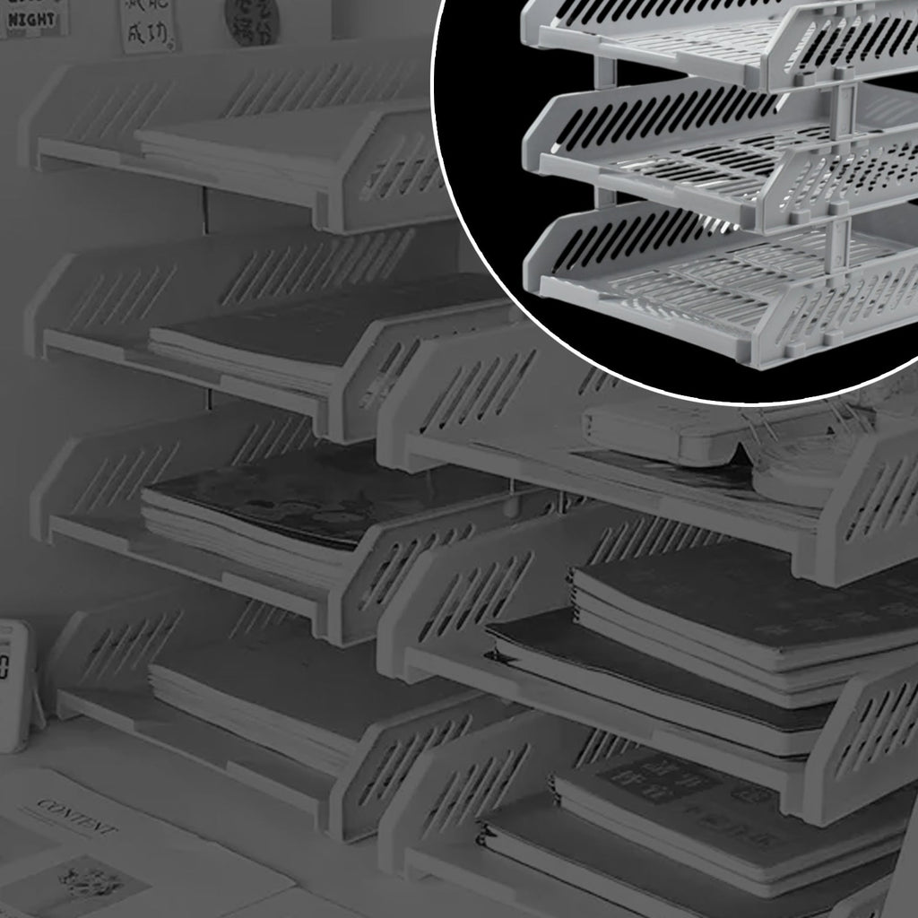 Side view of multi-layer file rack drawers stacked neatly on a shelf.