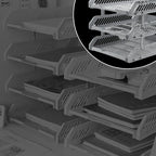 Side view of multi-layer file rack drawers stacked neatly on a shelf.