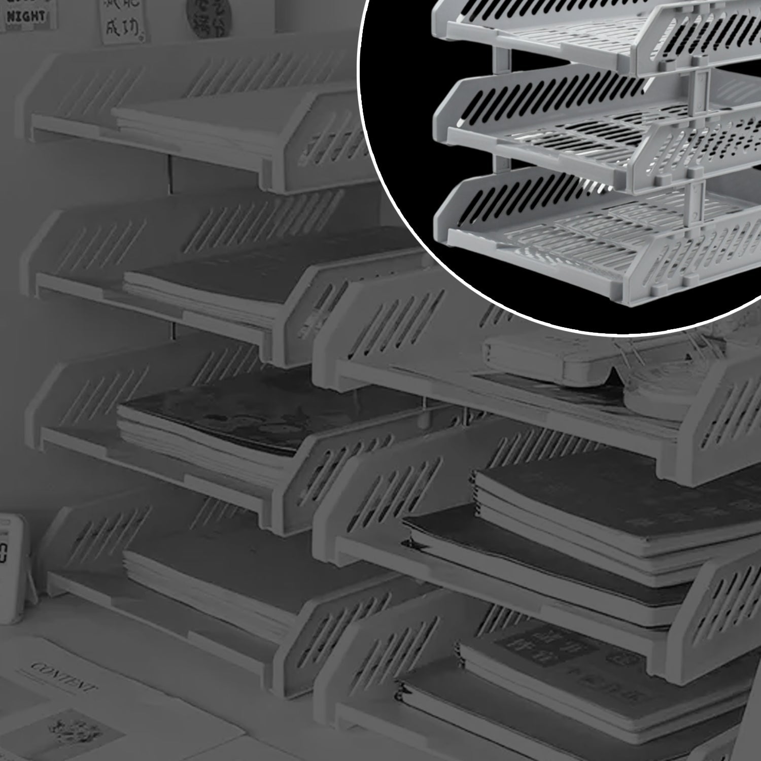 Side view of multi-layer file rack drawers stacked neatly on a shelf.